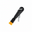 Black and yellow brush with a rope handle on a white background